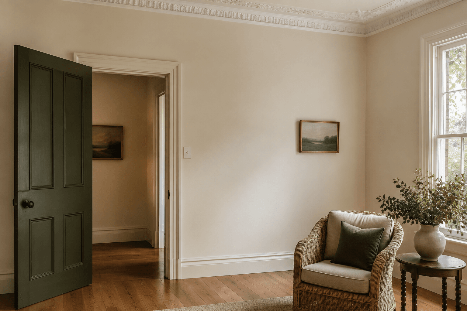 bright character-home room with cream walls, painted timber trim and oak flooring