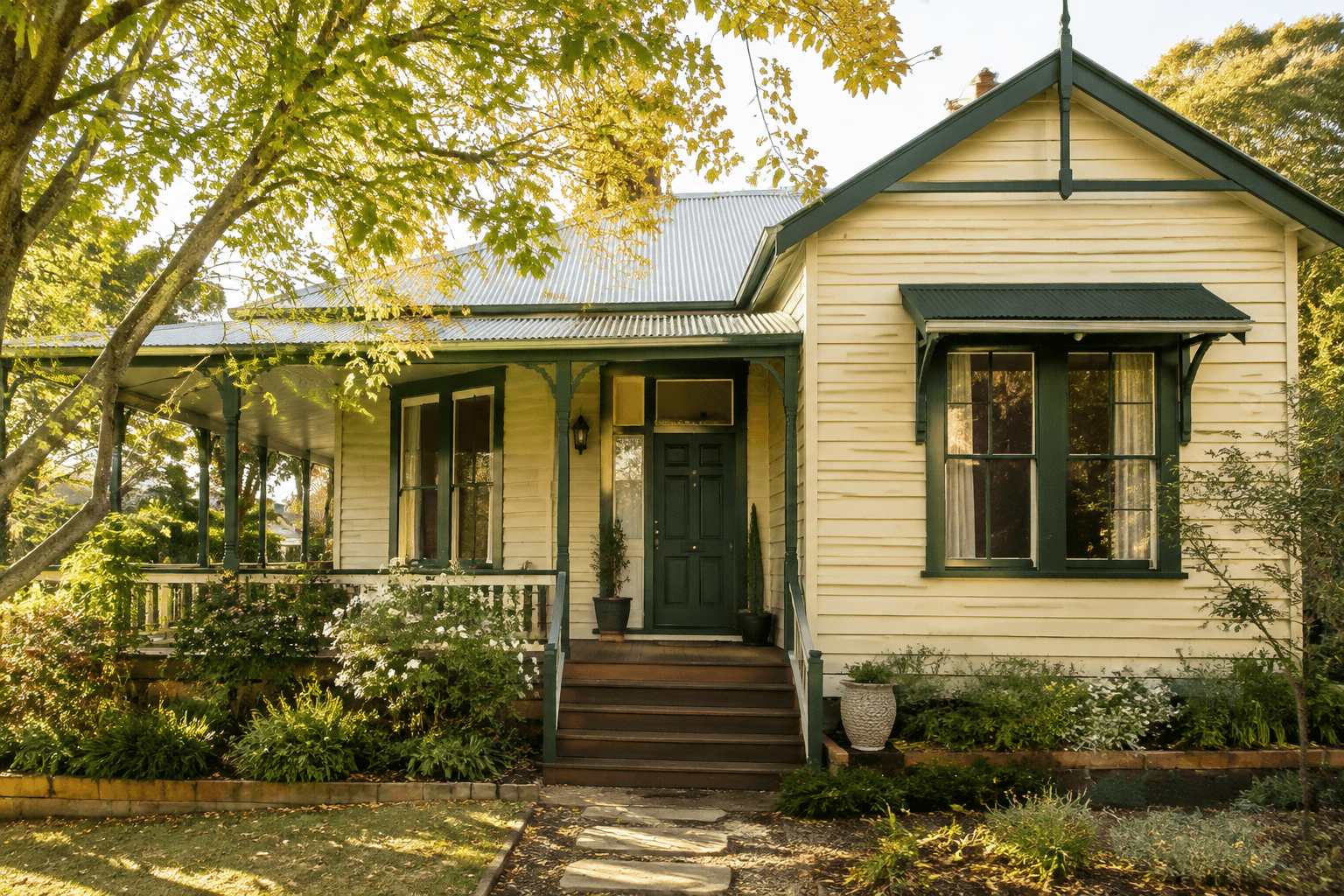 freshly painted Queensland timber cottage with deep green trim and a garden