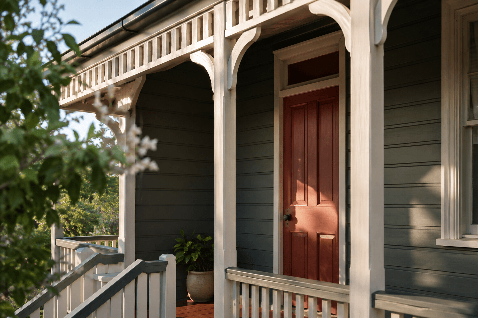 Sage weatherboards, cream timber trim and a terracotta front door on a verandah